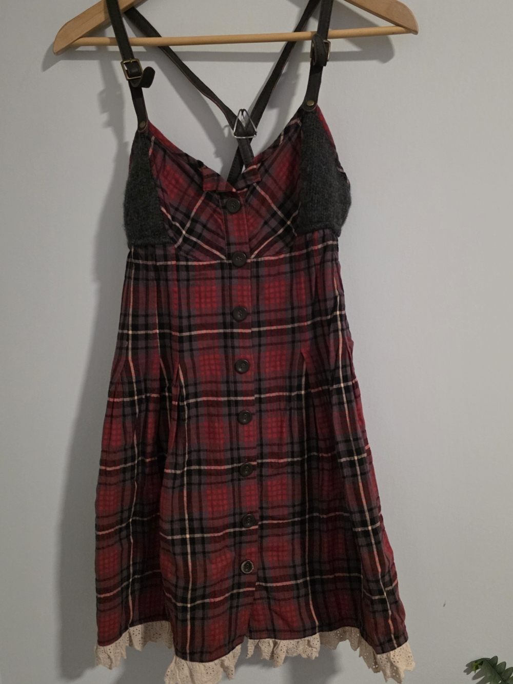 Free People Red Plaid Jumper Dress Women's Size 4 Boho Wool Trim Lace
